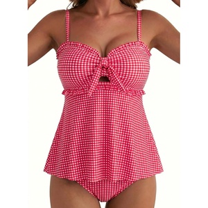 image:imageAleumdr Womens Tankini Swimsuits Tie Knot Ruffle Printed Two Piece Bathing Suit Flowy Swim Top with High Waisted BottomRed Plaid