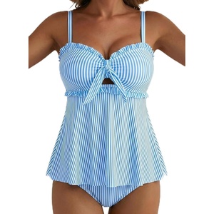 image:imageAleumdr Womens Tankini Swimsuits Tie Knot Ruffle Printed Two Piece Bathing Suit Flowy Swim Top with High Waisted BottomSky Blue Stripe