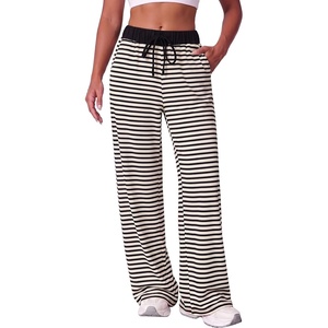 image:imageAleumdr Womens Striped Lounge Pants Casual Fall Knit Pajama Pants High Waisted Wide Leg Sweatpants with PocketsBeige Black