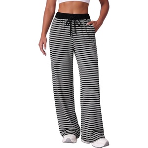 image:imageAleumdr Womens Striped Lounge Pants Casual Fall Knit Pajama Pants High Waisted Wide Leg Sweatpants with PocketsBlack Gray
