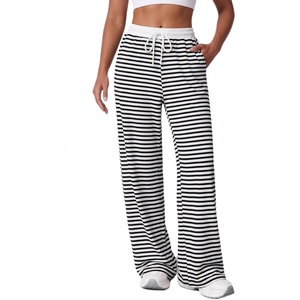 image:imageAleumdr Womens Striped Lounge Pants Casual Fall Knit Pajama Pants High Waisted Wide Leg Sweatpants with PocketsBlack White