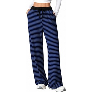 image:imageAleumdr Womens Striped Lounge Pants Casual Fall Knit Pajama Pants High Waisted Wide Leg Sweatpants with PocketsBlue Black