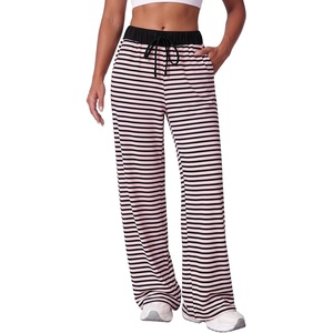 image:imageAleumdr Womens Striped Lounge Pants Casual Fall Knit Pajama Pants High Waisted Wide Leg Sweatpants with PocketsPink Black