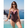 image:imageAleumdr Womens One Piece Swimsuit Striped Tummy Control V Neck Ruffle Trim 2026 Bathing Suit Printed SwimwearBrown Pink
