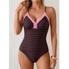 image:imageAleumdr Womens One Piece Swimsuit Striped Tummy Control V Neck Ruffle Trim 2026 Bathing Suit Printed SwimwearBrown Pink