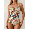 image:imageAleumdr Womens One Piece Swimsuit Striped Tummy Control V Neck Ruffle Trim 2026 Bathing Suit Printed SwimwearFlower Blue