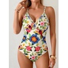 image:imageAleumdr Womens One Piece Swimsuit Striped Tummy Control V Neck Ruffle Trim 2026 Bathing Suit Printed SwimwearFlower Blue