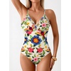 image:imageAleumdr Womens One Piece Swimsuit Striped Tummy Control V Neck Ruffle Trim 2026 Bathing Suit Printed SwimwearFlower Blue
