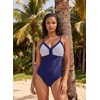 image:imageAleumdr Womens One Piece Swimsuit Striped Tummy Control V Neck Ruffle Trim 2026 Bathing Suit Printed SwimwearNavy Stripe