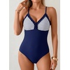 image:imageAleumdr Womens One Piece Swimsuit Striped Tummy Control V Neck Ruffle Trim 2026 Bathing Suit Printed SwimwearNavy Stripe