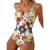 image:imageAleumdr Womens One Piece Swimsuit Striped Tummy Control V Neck Ruffle Trim 2026 Bathing Suit Printed SwimwearFlower Blue