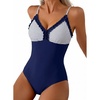 image:imageAleumdr Womens One Piece Swimsuit Striped Tummy Control V Neck Ruffle Trim 2026 Bathing Suit Printed SwimwearNavy Stripe