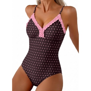 image:imageAleumdr Womens One Piece Swimsuit Striped Tummy Control V Neck Ruffle Trim 2026 Bathing Suit Printed SwimwearBrown Pink