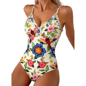 image:imageAleumdr Womens One Piece Swimsuit Striped Tummy Control V Neck Ruffle Trim 2026 Bathing Suit Printed SwimwearFlower Blue