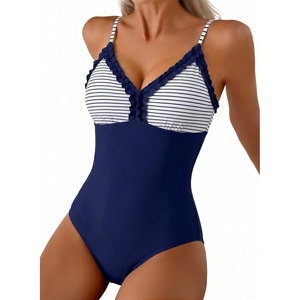 image:imageAleumdr Womens One Piece Swimsuit Striped Tummy Control V Neck Ruffle Trim 2026 Bathing Suit Printed SwimwearNavy Stripe