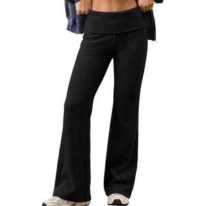 image:imageAleumdr Womens Ribbed Knit Lounge Pants Causal Comfy Fold Over Pajama PantsA1 Black