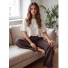 image:imageAleumdr Women Block Texture Wide Leg Sweatpants Fall High Waisted Cargo Pants Drawstring Casual Lounge Pants with PocketsCoffee