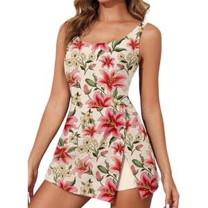 image:imageAleumdr One Piece Swimdress Swimsuit for Women Tummy Control Split Swim Dress Skirt Bathing Suit with PocketsFloral Beige