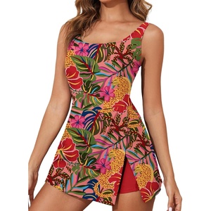 image:imageAleumdr One Piece Swimdress Swimsuit for Women Tummy Control Split Swim Dress Skirt Bathing Suit with PocketsRed Flower