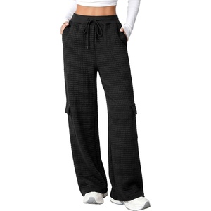 image:imageAleumdr Women Block Texture Wide Leg Sweatpants Fall High Waisted Cargo Pants Drawstring Casual Lounge Pants with PocketsBlack