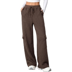 image:imageAleumdr Women Block Texture Wide Leg Sweatpants Fall High Waisted Cargo Pants Drawstring Casual Lounge Pants with PocketsCoffee
