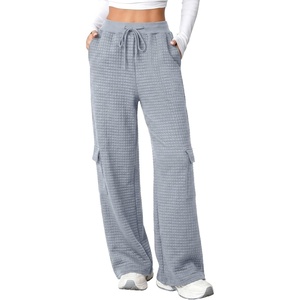 image:imageAleumdr Women Block Texture Wide Leg Sweatpants Fall High Waisted Cargo Pants Drawstring Casual Lounge Pants with PocketsGrey