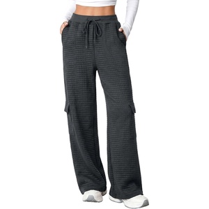 image:imageAleumdr Women Block Texture Wide Leg Sweatpants Fall High Waisted Cargo Pants Drawstring Casual Lounge Pants with PocketsGrey Carbon