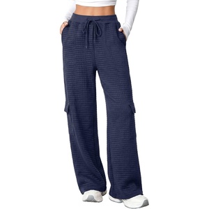 image:imageAleumdr Women Block Texture Wide Leg Sweatpants Fall High Waisted Cargo Pants Drawstring Casual Lounge Pants with PocketsNavy Blue