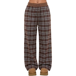 image:imageAleumdr Womens Plaid Wide Leg Sweatpants Gingham Baggy Lounge Pajama Pants  Plaid Checkered Pants Baggy Lounge Pants with Pockets Drawstring Elastic Wait For Spring Fall Comfy Loose Fit PJ BottomA3 Brown