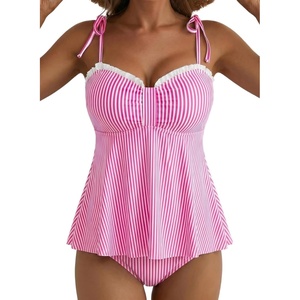 image:imageAleumdr Womens Two Piece Tankini Set Ruffle Tie Knot 2026 Summer Swimwear  Printed Swim Tank Top with Brief V Neck Bathing Suits for Womens Ruched Retro SwimsuitsPink Striped