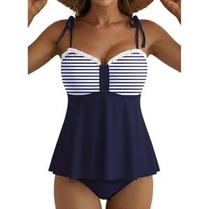 image:imageAleumdr Womens Two Piece Tankini Set Ruffle Tie Knot 2026 Summer Swimwear  Printed Swim Tank Top with Brief V Neck Bathing Suits for Womens Ruched Retro SwimsuitsNavy Blue Striped