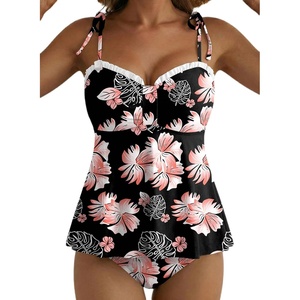 image:imageAleumdr Womens Two Piece Tankini Set Ruffle Tie Knot 2026 Summer Swimwear  Printed Swim Tank Top with Brief V Neck Bathing Suits for Womens Ruched Retro SwimsuitsBlack Floral