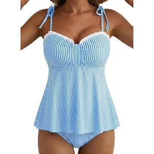 image:imageAleumdr Womens Two Piece Tankini Set Ruffle Tie Knot 2026 Summer Swimwear  Printed Swim Tank Top with Brief V Neck Bathing Suits for Womens Ruched Retro SwimsuitsBlue Striped
