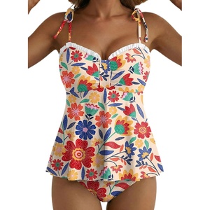 image:imageAleumdr Womens Two Piece Tankini Set Ruffle Tie Knot 2026 Summer Swimwear  Printed Swim Tank Top with Brief V Neck Bathing Suits for Womens Ruched Retro SwimsuitsRed Floral
